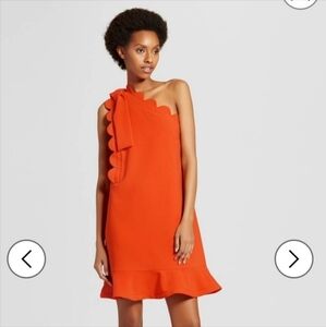 Victoria Beckham Orange Dress One Shoulder Bow Scalloped Hem Women's Large L EUC